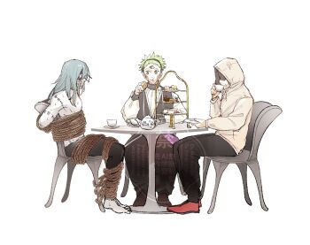 Rule 34 | 3boys, black pants, bound, commentary request, dessert, eating, extra eyes, facial scar, food, full body, green eyes, green hair, hood, hoodie, itadori yuuji, jujutsu kaisen, jujutsu kaisen modulo, long hair, mahito (jujutsu kaisen), male focus, marulu val vol yelvori, mekuro se, multiple boys, pale skin, pants, restrained, robe, rope, scar, scar on cheek, scar on face, shaded face, simple background, sitting, stitched arm, stitches, table, tea party, tied up (nonsexual), toned, toned male, triclops, white background, white hoodie