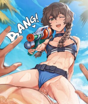 1boy 1girl ;d aiming aiming_at_viewer amane_suzuha belt bikini bikini_bottom_aside black_belt blue_bikini blue_sky blush braid breasts brown_hair butterchalk chest_harness clothing_aside cowgirl_position day english_text female_pubic_hair girl_on_top green_eyes hair_between_eyes harness hetero highres holding holding_water_gun long_hair looking_at_viewer medium_breasts navel nipples one_eye_closed open_mouth outdoors penis pov pov_crotch pov_hands pubic_hair pubic_hair_peek pussy science_adventure sex simple_bird sky smile solo_focus steins;gate straddling summer sweat swimsuit teeth twin_braids twintails uncensored upper_teeth_only vaginal water_gun