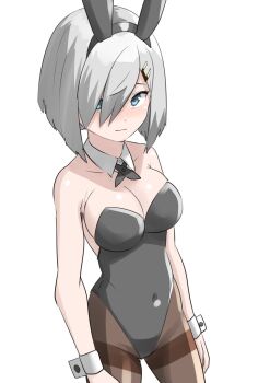 1girl 30-06 animal_ear_hairband animal_ears black_pantyhose black_ribbon blue_eyes bow bowtie breasts covered_navel cowboy_shot detached_collar fake_animal_ears grey_hair hair_ornament hair_over_one_eye hairband hairclip hamakaze_(kancolle) highres kantai_collection large_breasts leotard looking_at_viewer neck_ribbon pantyhose playboy_bunny rabbit_ears ribbon short_hair simple_background solo strapless strapless_leotard thighband_pantyhose white_background wrist_cuffs