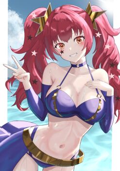 Rule 34 | 1girl, absurdres, alternate costume, alternate hairstyle, bare shoulders, belt, bikini, blush, breasts, choker, cleavage, collarbone, detached sleeves, facial mark, fire emblem, fire emblem engage, gold belt, hair ornament, highres, large breasts, long hair, long sleeves, looking at viewer, navel, nintendo, ocean, open mouth, purple bikini, purple choker, purple sarong, red eyes, red hair, sarong, smile, solo, star (symbol), star facial mark, star hair ornament, stomach, swimsuit, tarutaru193, teeth, twintails, v, water, yellow belt, yunaka (fire emblem), yunaka (volume 3 promo) (fire emblem)