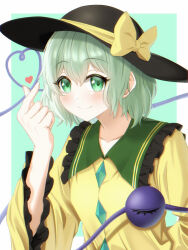 Rule 34 | 1girl, black hat, blush, border, bow, buttons, closed mouth, collarbone, commentary request, diamond button, finger heart, frilled shirt collar, frilled sleeves, frills, green background, green eyes, green hair, hair between eyes, hand up, happy, hat, hat bow, heart, heart of string, highres, koishi day, komeiji koishi, long sleeves, looking at viewer, retora 26, shirt, short hair, simple background, smile, solo, touhou, upper body, white border, wide sleeves, yellow bow, yellow shirt