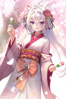 1girl :q absurdres ahoge animal_ear_fluff animal_ears bell black_ribbon cat_ears cat_girl cherry_blossoms commentary commission dango english_commentary eyelashes filian_(vtuber) flower food hair_bell hair_between_eyes hair_flower hair_intakes hair_ornament hair_ribbon highres holding holding_food indie_virtual_youtuber japanese_clothes kapa_draws kimono long_hair long_sleeves obi official_alternate_costume pink_eyes pink_flower pink_kimono pink_petals ribbon sanshoku_dango sash second-party_source smile solo tongue tongue_out tree virtual_youtuber wagashi white_hair