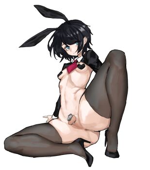 1boy animal_ears arm_support bags_under_eyes black_hair black_shoes black_shrug black_thighhighs blue_eyes breasts chastity_cage closed_mouth commentary contrast_collar fake_animal_ears flat_chastity_cage frown full_body heart_pasties high_heels highres invisible_floor knee_up long_sleeves looking_at_viewer male_focus male_playboy_bunny male_with_breasts metal_chastity_cage navel necktie nude on_floor original pasties perineum pumps rabbit_ears red_necktie reverse_bunnysuit reverse_outfit shoes short_hair shrug_(clothing) sidelocks simple_background sitting small_breasts small_chastity_cage small_testicles solo symbol-only_commentary testicles thick_thighs thighhighs thighs trap white_background yuick.han