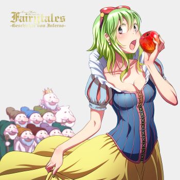 1girl 6+boys apple blush breasts cleavage cosplay disney dress dwarf earrings food fruit goggles goggles_on_head green_eyes green_hair gumi hair_between_eyes highres jewelry looking_at_viewer multiple_boys nail_polish open_mouth puff_and_slash_sleeves puffy_sleeves short_hair simple_background snow_white&#039;s_dwarf_(fairy_tale_character) snow_white_(fairy_tale) snow_white_(fairy_tale_character) snow_white_(fairy_tale_character)_(cosplay) vocaloid wokada