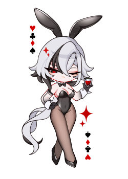 Rule 34 | 1girl, absurdres, alternate costume, animal ears, arlecchino (genshin impact), bare shoulders, black hands, black leotard, black pantyhose, black shoes, black streaks, breasts, charlie purrito, chibi, chibi only, cleavage, closed mouth, club (shape), colored extremities, commentary, covered navel, cup, diamond (shape), drinking glass, english commentary, fake animal ears, full body, genshin impact, grey eyes, hair between eyes, hand on own hip, hand up, heart, highres, holding, holding cup, leotard, long hair, looking at viewer, multicolored hair, one eye closed, pantyhose, playboy bunny, rabbit ears, red pupils, shoes, simple background, solo, spade (shape), standing, strapless, strapless leotard, streaked hair, symbol-shaped pupils, very long hair, white background, white hair, white wrist cuffs, wine glass, wrist cuffs, x-shaped pupils