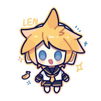 1boy banana barefoot belt black_sailor_collar black_shorts black_sleeves blonde_hair blue_eyes blush_stickers character_name chibi chinese_commentary commentary_request detached_sleeves food fruit gradient_outline headphones kagamine_len long_sleeves looking_at_viewer male_focus messy_hair neckerchief notice_lines open_mouth outline print_belt sailor_collar sailor_shirt shirt short_hair short_sleeves shorts simple_background smile solid_oval_eyes solo sparkle standing triangle_print vocaloid white_background white_shirt xianyu_fish yellow_belt yellow_neckerchief yellow_outline