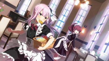 Rule 34 | 2girls, apron, aqua nails, basket, black dress, blue eyes, bow, bowtie, candy, chair, cookie, cup, dress, food, game cg, holding, holding basket, indoors, konohana suzuka, lamp, long hair, long sleeves, looking at another, maid, maid headdress, medium hair, mirror, mouth hold, multiple girls, official art, pink hair, ponytail, puffy sleeves, red bow, red bowtie, red hair, short sleeves, slice of life, standing, table, teapot, toji no miko, toji no miko: kizamishi issen no tomoshibi, tsubakuro yume, white apron, window