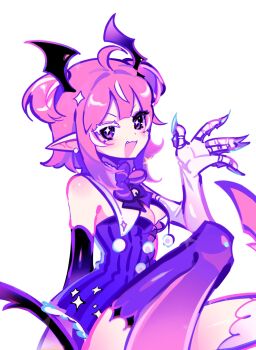 Rule 34 | 1girl, ahoge, anzu (anzuhan), asymmetrical gloves, asymmetrical legwear, black gloves, breasts, camila (cami 2.0) (vtuber), camila (vtuber), claw ring, cleavage, colored eyelashes, commentary, demon girl, demon wings, detached collar, diamond facial mark, earrings, elbow gloves, english commentary, facial mark, fang, frilled leotard, frills, gloves, head wings, heart, heart facial mark, highres, indie virtual youtuber, jewelry, leotard, looking at viewer, mismatched eyelashes, mismatched gloves, mismatched legwear, multicolored hair, open mouth, pink hair, pointy ears, pom pom (clothes), purple eyes, short hair, simple background, small breasts, solo, sparkling eyes, streaked hair, tail, thighhighs, two side up, virtual youtuber, white background, white eyelashes, white gloves, white hair, wings