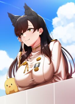 1girl animal_ear_fluff animal_ears atago_(azur_lane) azur_lane badge black_hair breasts cloud day dog_ears epaulettes extra_ears highres jacket kagiyama_(clave) long_hair manjuu_(azur_lane) medal military_uniform mole mole_under_eye outdoors portrait ribbon sakura_empire_(emblem) simple_background smile solo white_jacket white_ribbon