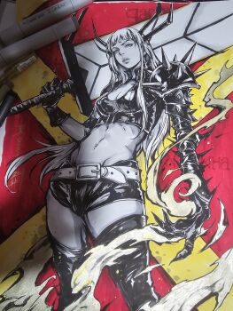 armor art_tools_in_frame asymmetrical_sleeves bad_tag belt black_gloves boots breasts cleavage commentary crop_top energy english_commentary feet_out_of_frame gloves highres holding holding_sword holding_weapon huge_weapon lips long_hair looking_at_viewer magik_(x-men) marker_(medium) marvel medium_breasts muju parted_lips partially_colored pauldrons photo_(medium) short_shorts shorts shoulder_armor signature spiked_pauldrons spikes sword thigh_boots toned toned_female traditional_media weapon x-men