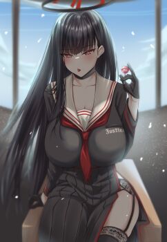 Rule 34 | 1girl, absurdres, black gloves, black hair, blue archive, breasts, candy, cosplay, food, gloves, halo, hasumi (blue archive), hasumi (blue archive) (cosplay), highres, justice task force member (blue archive), justice task force member (blue archive) (cosplay), large breasts, lollipop, long hair, looking at viewer, panvyru, rio (blue archive), solo, very long hair