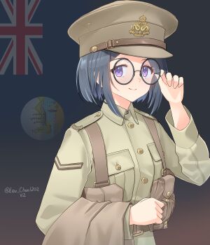 1girl absurdres adjusting_eyewear ammunition_pouch belt black_hair breast_pocket british_army brown_belt closed_mouth commentary flag_background green_hat green_jacket hat highres hong_kong jacket leochan1202 long_sleeves looking_at_viewer military military_rank_insignia military_uniform original peaked_cap pocket pouch purple_eyes round_eyewear short_hair smile solo suspenders twitter_username union_jack upper_body world_war_ii