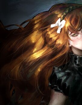 Rule 34 | 1girl, absurdres, aegyo sal, black shirt, dim lighting, freckles, frilled sleeves, frills, hair flowing over, hair focus, hairband, highres, ishmael (project moon), itsukaonline, limbus company, long hair, looking to the side, orange eyes, orange hair, out of frame, project moon, shirt, solo, very long hair, wavy hair