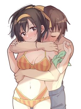 Rule 34 | 1boy, 1girl, alternate costume, aqua ribbon, arm ribbon, bikini, breasts, brown eyes, brown hair, closed eyes, closed mouth, commentary request, grey male swimwear, hair ribbon, hetero, highres, hug, hug from behind, kyon, male swimwear, medium breasts, medium hair, navel, official alternate hairstyle, orange bikini, ponytail, ribbon, simple background, standing, stomach, suzumiya haruhi, suzumiya haruhi no yuuutsu, sweatdrop, swim trunks, swimsuit, taiki (6240taiki), thighs, topless male, white background, yellow ribbon