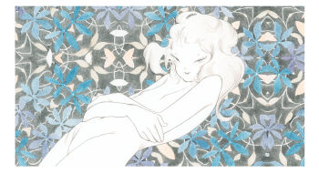 1girl blonde_hair border colored_skin crossed_arms flat_chest highres hip_bones kishi_takuya long_hair looking_at_viewer midair nude original pale_skin petite skinny smile solo traditional_media upturned_eyes wavy_hair white_skin