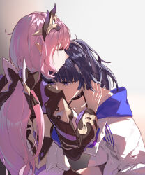Rule 34 | 2girls, absurdres, backless outfit, backlighting, black bow, black choker, black gloves, black shrug, bow, chinese commentary, choker, collarbone, commentary request, covered navel, crying, crying with eyes open, elysia (honkai impact), elysia (miss pink elf) (honkai impact), gloves, hair bow, hair ornament, half-closed eyes, half gloves, halterneck, hand on another&#039;s head, hands on another&#039;s back, highres, honkai (series), honkai impact 3rd, long hair, multiple girls, off-shoulder shirt, off shoulder, pink hair, pointy ears, purple eyes, purple hair, raiden mei, raiden mei (striker fulminata), shirt, tears, white shirt, zhong er bing