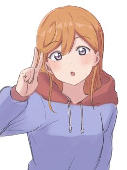 1girl :o absurdres blush gomadare4869 highres hood hood_down hoodie looking_at_viewer love_live! love_live!_superstar!! open_mouth orange_hair purple_eyes purple_hoodie red_hood shibuya_kanon simple_background solo upper_body v white_background