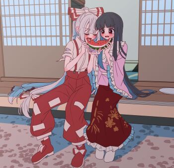2girls bamboo_print black_hair blush boots bow bowtie collared_shirt commentary eating food frilled_shirt_collar frilled_skirt frilled_sleeves frills fruit fujiwara_no_mokou grey_hair hair_bow highres houraisan_kaguya long_hair long_skirt long_sleeves multiple_girls ofuda ofuda_on_clothes open_mouth pants pink_shirt print_skirt red_boots red_pants sharing_food shirt short_sleeves sitting skirt suspenders tamiko_(tamik0224) torn_clothes torn_sleeves touhou very_long_hair watermelon watermelon_slice white_bow white_bowtie white_shirt wide_sleeves