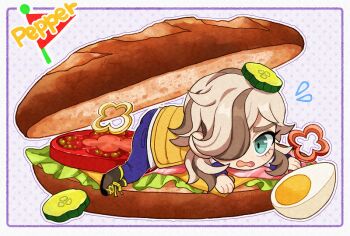 1boy arven_(pokemon) blonde_hair blue_eyes blue_pants boots bread brown_footwear brown_hair cheese chibi distress egg english_text flag food hardboiled_egg in_food lettuce long_sleeves lying male_focus multicolored_hair nintendo on_food on_stomach open_mouth pants patterned_background pickle pokemon pokemon_sv polka_dot polka_dot_background red_flag sandwich shirt sleeve_cuffs sweatdrop tiny tomato ttnoooo two-tone_hair vest white_shirt yellow_vest