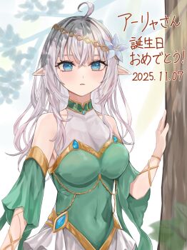 1girl alisa_mikhailovna_kujou alternate_costume blue_eyes breasts dress elf feet_out_of_frame flower green_dress hair_flower hair_ornament highres jintyoge_y large_breasts long_hair looking_to_the_side pointy_ears sleeveless solo standing tokidoki_bosotto_roshia-go_de_dereru_tonari_no_alya-san translation_request tree white_hair