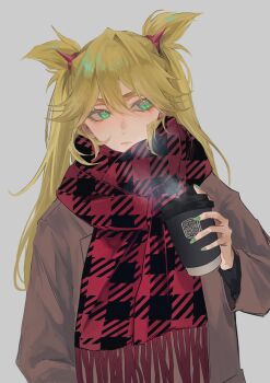 2024 blonde_hair burn_the_witch closed_mouth coat coffee green_eyes green_nails hair_ornament hairclip highres long_hair ninny_spangcole scarf simple_background steam twintails ui_1231