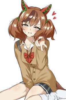 1girl absurdres alternate_costume animal_ears between_legs blush bow bowtie brown_cardigan brown_eyes brown_hair cardigan collarbone commentary_request ear_bow ear_covers embarrassed green_bow hand_between_legs heart highres horse_ears horse_girl horse_tail long_sleeves looking_at_viewer loose_socks medium_hair multicolored_hair nervous_sweating nice_nature_(umamusume) open_mouth pleated_skirt red_bow red_bowtie red_nails shirt simple_background sioarii sitting skirt smile socks solo streaked_hair sweat tail thighs twintails umamusume v white_background white_shirt white_socks