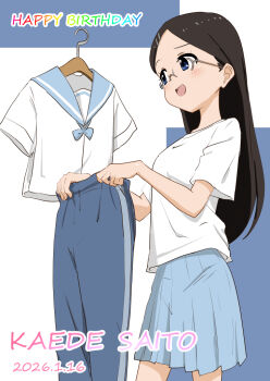 Rule 34 | 1girl, black hair, blue pants, blue sailor collar, blue skirt, character name, clothes hanger, dated, glasses, happy birthday, hashtag-only commentary, holding pants, long hair, pants, pleated skirt, ryuuma (norinori taruto), sailor collar, saitou kaede (yama no susume), school uniform, shirt, skirt, unworn pants, white shirt, yama no susume