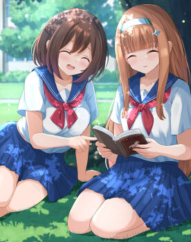2girls blue_eyes blush book braid breasts brown_hair closed_eyes commentary_request grass hair_between_eyes hair_ornament highres humanization liukensama medium_breasts multiple_girls open_mouth orange_hair reading school_uniform seiza silence_suzuka_(umamusume) sitting smile special_week_(umamusume) thighhighs tree umamusume