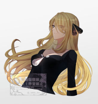 1girl black_shirt blonde_hair breasts closed_mouth commentary_request cropped_torso cynthia_(pokemon) grey_eyes hair_ornament hair_over_one_eye long_hair long_sleeves nintendo pokemon pokemon_dppt sakaralalala shirt simple_background solo