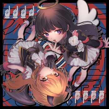 2girls abstract_background angel_wings black_border black_gloves black_hair blonde_hair border demon_horns demon_tail demon_wings ebitabetabe gloves halo horns ienaga_mugi index_finger_raised long_hair long_sleeves looking_at_viewer multiple_girls nijisanji nijisanji_idol_uniform official_alternate_costume pom_pom_(clothes) purple_eyes rotational_symmetry skirt smile tail traditional_halo tsukino_mito virtual_youtuber white_skirt wings wrist_cuffs yellow_eyes