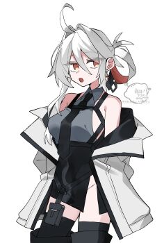 Rule 34 | 1girl, :o, absurdres, ahoge, bare shoulders, black boots, black skirt, black thighhighs, boots, breasts, coat, collared shirt, cowboy shot, cropped legs, earrings, fang, grey shirt, hair between eyes, hair intakes, highres, jacket, jewelry, long hair, long sleeves, looking at viewer, messy hair, necktie, off shoulder, oimotororo1116, open clothes, open jacket, open mouth, orange eyes, original, pouch, shirt, sideboob, sidelocks, simple background, skirt, sleeveless, sleeveless shirt, solo, thigh boots, thighhighs, white background, white coat, white hair