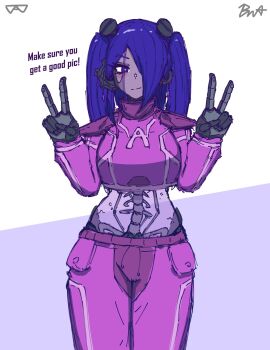 1girl android armor blue_eyes blue_hair blush braid bwastaiya colored_skin crop_top cropped_shirt doll doll_joints double_v exposed_internal_machinery grey_skin hair_ornament hair_over_one_eye highres humanoid_robot joints long_hair looking_at_viewer mechabare mechanical_arms mechanical_hands mechanical_spine midriff midriff_peek nail_(hardware) navel one-eyed pink_shirt puppet robot robot_girl robot_joints science_fiction see-through_body shirt shoulder_armor simple_background smile solo stomach twin_braids twintails v