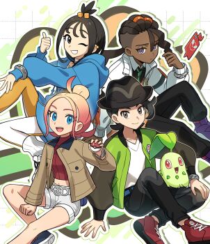 2boys 2girls :d belt black_hair black_pants blue_belt blue_eyes blue_hoodie bracelet brown_jacket chikorita closed_mouth collared_shirt commentary_request cube_hair_ornament dark-skinned_male dark_skin gen_2_pokemon gen_4_pokemon green_jacket green_necktie grid_background grin hair_ornament hand_up hat highres holding holding_poke_ball hood hood_down hoodie iruiru_popopo jacket jewelry leggings lida_(pokemon) long_sleeves looking_at_viewer multiple_boys multiple_girls naveen_(pokemon) necktie nintendo one_eye_closed open_clothes open_jacket open_mouth pants paxton_(pokemon) poke_ball poke_ball_(basic) pokemon pokemon_(creature) pokemon_legends:_z-a red_shirt red_shoes ribbed_socks rotom rotom_phone shirt shoes shorts smile socks taunie_(pokemon) teeth thumbs_up topknot white_jacket white_shirt white_socks