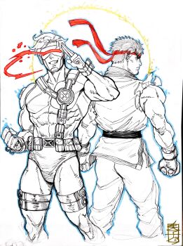 2boys acecore2k bodysuit commentary covered_abs covered_pectorals crossover cyclops_(x-men) dougi english_commentary facial_hair gloves grin headband highres looking_at_viewer looking_back male_focus marker_(medium) marvel marvel_vs._capcom multiple_boys muscular muscular_male pectorals pen_(medium) red_headband ryu_(street_fighter) salute short_hair sketch smile spot_color street_fighter stubble superhero_costume thigh_strap torn_clothes torn_sleeves traditional_media two-finger_salute white_background x-men