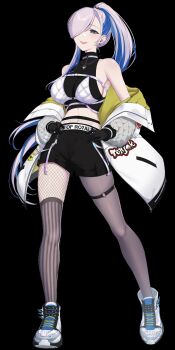 1girl absurdres asymmetrical_legwear black_background black_gloves blue_eyes blue_hair breasts bright_pupils earrings fishnet_pantyhose fishnets girarikyo gloves grey_hair hair_over_one_eye highres hololive hololive_indonesia jacket jewelry long_hair midriff mismatched_legwear multicolored_hair open_clothes open_jacket pantyhose pavolia_reine shoes solo streaked_hair striped_clothes striped_thighhighs thighhighs tongue virtual_youtuber white_jacket white_pupils white_shoes