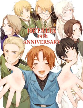 6+boys ahoge america_(hetalia) anniversary arms_up axis_powers_hetalia baggy_pants belt black_belt black_boots black_gloves black_hair black_necktie black_shirt blonde_hair blue_eyes blue_jacket blush boots breast_pocket brown_hair brown_jacket brown_pants buttons china_(hetalia) closed_eyes closed_mouth coat collared_jacket collared_shirt commentary_request copyright_name cross english_text everyone facial_hair france_(hetalia) fur-trimmed_jacket fur_trim germany_(hetalia) glasses gloves green_jacket green_necktie green_pants grey-framed_eyewear hair_between_eyes hand_up happy harutoro_39487 highres iron_cross jacket japan_(hetalia) lapels leather leather_gloves long_hair long_sleeves looking_at_viewer low_ponytail male_focus military military_jacket military_uniform multiple_boys necktie northern_italy_(hetalia) one_eye_closed open_clothes open_jacket open_mouth pants pocket ponytail purple_eyes purple_jacket russia_(hetalia) scarf semi-rimless_eyewear shirt short_hair simple_background smile star_(symbol) star_print teeth tongue united_kingdom_(hetalia) v-shaped_eyebrows white_background white_coat white_hair white_jacket white_pants white_scarf white_shirt wide_sleeves yellow_eyes