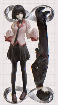 1boy 1girl absurdres black_eyes black_gloves black_hair black_jacket black_necktie black_pants black_pantyhose black_shirt black_shoes black_skirt bob_cut breasts brown_shoes closed_mouth commentary covered_collarbone dual_persona empty_eyes gakuran gloves grid_background hair_between_eyes high_collar highres infinity_symbol jacket juliet_sleeves loafers long_sleeves monogatari_(series) naoetsu_high_school_uniform narrowed_eyes necktie no_pupils oshino_ougi pale_skin pants pantyhose pigeon-toed pink_shirt pleated_skirt puffy_long_sleeves puffy_sleeves red_trim rotational_symmetry school_uniform shirt shoes short_hair skirt sleeves_past_fingers sleeves_past_wrists small_breasts smile solipsist standing turtleneck turtleneck_shirt undershirt upside-down white_background