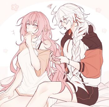 2girls black_shorts blue_eyes blush braiding_another&#039;s_hair braiding_hair breasts commentary earrings elf elysia_(honkai_impact) hair_tie_in_mouth hairdressing highres honkai_(series) honkai_impact_3rd jewelry kiana_kaslana kiana_kaslana_(herrscher_of_flamescion) kiana_kaslana_(void_drifter) long_hair medium_breasts mouth_hold multicolored_hair multicolored_hood multiple_girls orange_hair pink_hair pointy_ears riejiu self_cosplay shorts sitting streaked_hair symbol-only_commentary thighs two-tone_hair two-tone_shirt very_long_hair white_hair