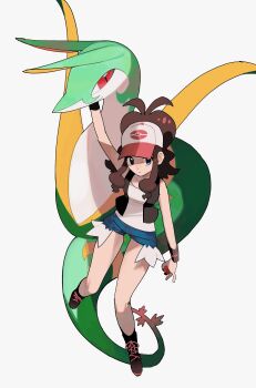 1girl 950magi618 absurdres baseball_cap black_boots black_vest blue_eyes boots breasts brown_hair closed_mouth commentary_request cutoffs denim denim_shorts exposed_pocket gen_5_pokemon hat high_ponytail highres hilda_(pokemon) long_hair nintendo open_clothes open_vest poke_ball_print pokemon pokemon_(creature) pokemon_bw ponytail red_eyes serperior shirt shorts sidelocks simple_background snake vest white_shirt wristband