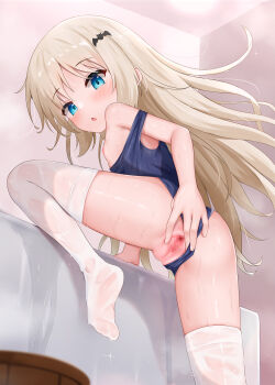 1girl absurdres ass bat_hair_ornament blonde_hair blue_eyes blue_one-piece_swimsuit censored clothing_aside commentary flat_chest from_behind hair_ornament highres legs little_busters! loli long_hair looking_at_viewer looking_back mosaic_censoring myuchiron nipples no_shoes noumi_kudryavka one-piece_swimsuit open_mouth pussy school_swimsuit soles solo spread_pussy spreading_own_pussy swimsuit swimsuit_aside thighhighs toes white_thighhighs