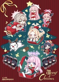 1boy 6+girls :d ^_^ animal_ear_fluff animal_ears antlers bird blonde_hair blue_archive blush box breasts chibi chibi_only closed_eyes closed_mouth commentary doodle_sensei_(blue_archive) double-parted_bangs dress fox_ears fox_girl fox_tail green_eyes grey_hair guitar gun hair_between_eyes halo hanako_(blue_archive) hat head_wings highres hm_(hmongt) holding holding_gun holding_sack holding_weapon horns ichika_(blue_archive) in_box in_container instrument justice_task_force_member_(blue_archive) koharu_(blue_archive) large_breasts long-tailed_tit long_hair long_sleeves merry_christmas mika_(blue_archive) miyo_(blue_archive) multiple_girls naked_ribbon open_mouth outline pink_hair pink_halo red_background red_halo red_hat reindeer_antlers ribbon sack santa_hat seia_(blue_archive) sensei_(blue_archive) sleigh smile striped_background tail thighhighs tit_(bird) vertical-striped_background very_long_hair weapon white_dress white_outline white_thighhighs wings