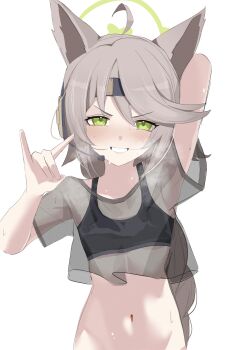 1girl absurdres arm_behind_back arm_up blue_archive bottomless braid braided_ponytail breath brown_hair flat_chest fox_girl fox_shadow_puppet gaohuang43450 green_eyes green_halo grin groin halo headset highres implied_extra_ears light_blush long_hair looking_at_viewer navel otogi_(blue_archive) out-of-frame_censoring see-through_clothes see-through_shirt shirt simple_background smile solo sports_bra stomach straight-on sweat upper_body variant_set white_background