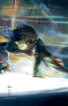 1boy black_hair dark_skin dc_comics electricity emblem flying goggles dreadlocks jacket male_focus sign solo static_shock virgil_ovid_hawkins