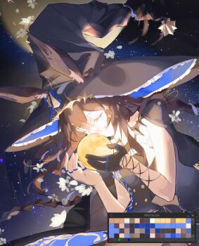 1girl amiya_(arknights) amiya_(medic)_(arknights) amiya_(medic)_(solo_around_the_world)_(arknights) amukeer animal_ears arknights art_program_in_frame black_dress black_gloves black_hair black_jacket braid breasts closed_eyes color_guide commentary dress ears_through_headwear english_commentary flower gloves hat highres holding_moon jacket jacket_on_shoulders jewelry multiple_rings ring single_braid single_glove sky solo star_(sky) starry_sky unfinished white_flower witch_hat