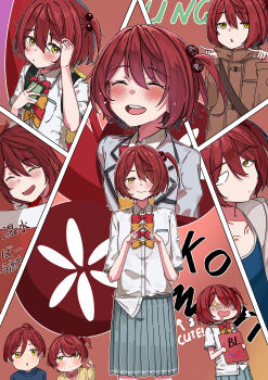 1boy 2girls :d absurdres blush book bow brown_coat coat grey_skirt hair_bobbles hair_ornament hair_over_one_eye highres holding holding_book holding_phone jyuunen-kun komari_chika komari_hina komari_susumu make_heroine_ga_oo_sugiru! multiple_girls multiple_views one-piece_swimsuit open_mouth phone pocket pointing red_bow school_swimsuit school_uniform shirt siblings skirt smile swimsuit tearing_up white_shirt yellow_bow yellow_eyes