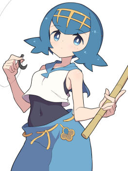 1girl bare_shoulders blue_hair blue_pants blue_sailor_collar breasts covered_navel cropped_shirt fish_hook fishing_rod gold_hairband hairband hiyoshipow holding holding_fishing_rod lana_(pokemon) looking_at_viewer nintendo one-piece_swimsuit pants pokemon pokemon_sm sailor_collar shirt short_hair simple_background sleeveless sleeveless_shirt small_breasts solo swimsuit swimsuit_under_clothes white_background white_shirt yellow_hairband