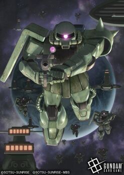 aiming aiming_at_viewer artist_request beam_cannon cable copyright_notice earth_(planet) fleet gun gundam gundam_card_game logo looking_at_viewer machine_gun machinery mecha mecha_focus mobile_suit mobile_suit_gundam musai nebula no_humans official_art one-eyed planet robot scene_reference science_fiction scope shield shoulder_spikes space spacecraft spikes star_(sky) sunrise_(company) weapon window zaku_ii zeon zero_gravity