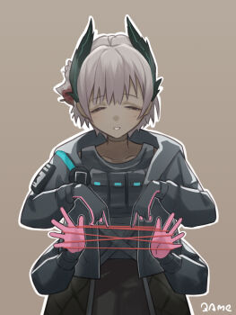 1girl ^_^ arknights artist_name black_gloves black_jacket closed_eyes commentary_typo dark-skinned_female dark_skin extra_arms facing_viewer gloves grey_hair highres jacket jiuyu_qame long_sleeves open_clothes open_jacket outline parted_lips pink_gloves raidian_(arknights) short_hair smile solo white_outline