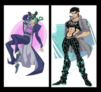 1boy 1girl abs absurdres belt belt_buckle black_coat black_hair black_hat black_pants black_shirt blue_eyes braid breasts buckle coat commentary cone_hair_bun cosplay costume_switch crop_top double_bun english_commentary father_and_daughter gakuran green_eyes green_hair green_lips green_shoes grey_coat hair_bun hajnarus hand_on_own_hip hat heart_ornament high_collar highres jojo_no_kimyou_na_bouken kuujou_jolyne kuujou_joutarou long_coat long_sleeves looking_at_viewer makeup midriff multicolored_hair pants peaked_cap purple_belt purple_shirt school_uniform shirt shoes short_hair sleeves_rolled_up small_breasts spider_web_print stardust_crusaders stone_ocean time_paradox two-tone_hair