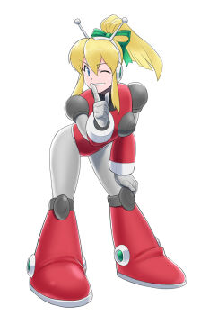 antennae armor armored_boots armored_gloves arms_up bikini_armor blonde_hair blue_eyes bodysuit boots breasts finger_to_mouth gloves green_ribbon grey_bodysuit grey_gloves hair_ribbon hairband headphones highres hyper_roll_(marvel_vs._capcom) hypericum_(mppv1862) joints knee_boots large_breasts long_hair looking_at_viewer marvel_vs._capcom mechanical_arms mechanical_boots mechanical_legs mega_man_(classic) mega_man_(series) one_eye_closed ponytail radio_antenna red_armor ribbon robot robot_girl robot_joints roll_(mega_man) shoulder_armor shushing sidelocks smile